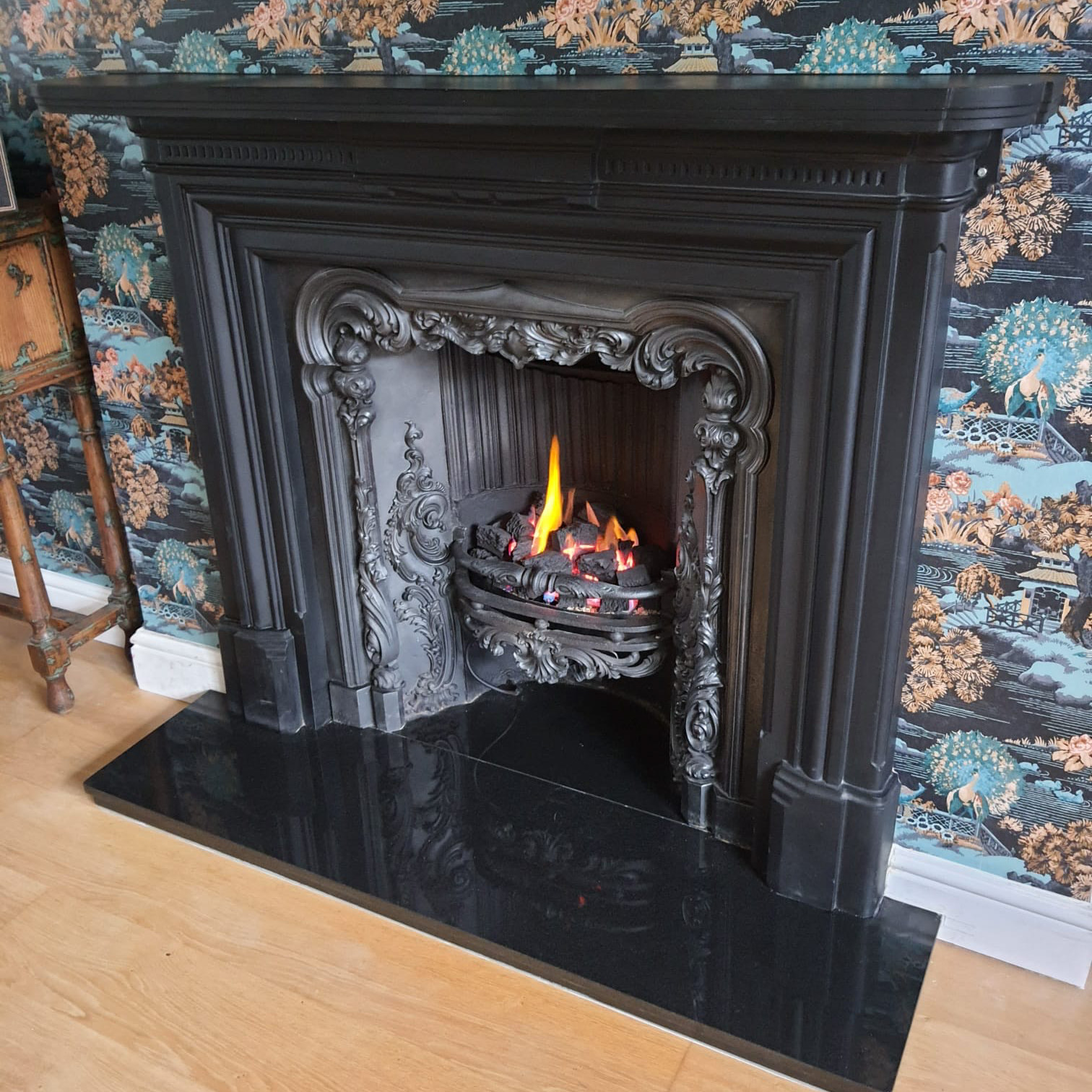 Cast iron mantel, original insert, gas fire